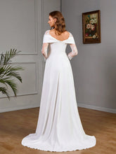 Plain Color Off-Shoulder Long Sleeve Contrast Lace Split Hem Simple & Elegant Wedding Dress